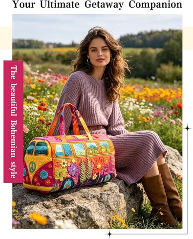 Unisex Boho Quilted Weekender Bag - Large Hippie Van Quilted Duffle Bag with 50 Pcs Boho Art Stickers - Lightweight Hippie Carry-on Luggage for Gym, Yoga, Weekend Trips (#C, 18"x9"x9") in Kuwait
