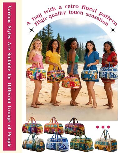 Unisex Boho Quilted Weekender Bag - Large Hippie Van Quilted Duffle Bag with 50 Pcs Boho Art Stickers - Lightweight Hippie Carry-on Luggage for Gym, Yoga, Weekend Trips (#C, 18"x9"x9") in Kuwait