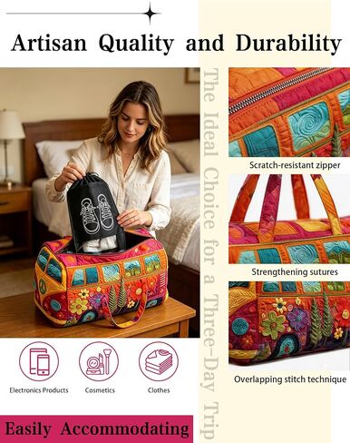 Unisex Boho Quilted Weekender Bag - Large Hippie Van Quilted Duffle Bag with 50 Pcs Boho Art Stickers - Lightweight Hippie Carry-on Luggage for Gym, Yoga, Weekend Trips (#C, 18"x9"x9") in Kuwait