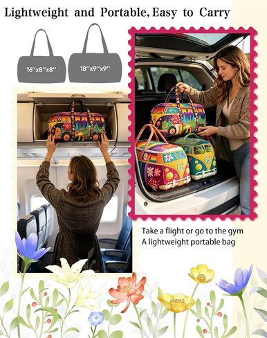 Unisex Boho Quilted Weekender Bag - Large Hippie Van Quilted Duffle Bag with 50 Pcs Boho Art Stickers - Lightweight Hippie Carry-on Luggage for Gym, Yoga, Weekend Trips (#C, 18"x9"x9") in Kuwait