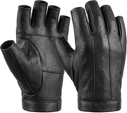 Aegend Sheepskin Leather Fingerless Gloves, Breathable Black Driving Gloves for Men & Women, Premium Leather Palm for Motorcycling, Cycling, and Everyday Wear in Kuwait