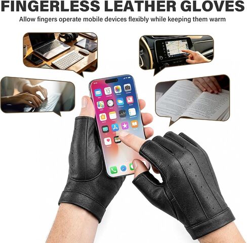Aegend Sheepskin Leather Fingerless Gloves, Breathable Black Driving Gloves for Men & Women, Premium Leather Palm for Motorcycling, Cycling, and Everyday Wear in Kuwait