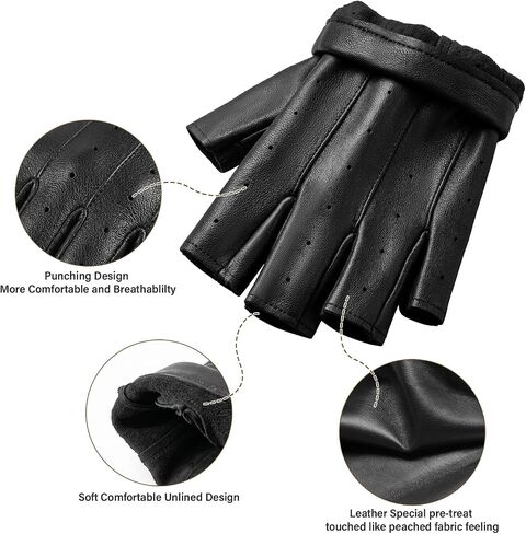 Aegend Sheepskin Leather Fingerless Gloves, Breathable Black Driving Gloves for Men & Women, Premium Leather Palm for Motorcycling, Cycling, and Everyday Wear in Kuwait