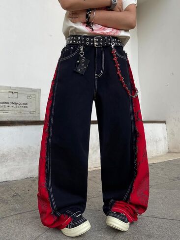 DFGIGT Men's Baggy Wide Leg Jeans Black Red Color Block Dragon Print Distressed Baggy Y2K Casual Vintage Trousers in Saudi Arabia