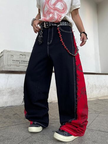 DFGIGT Men's Baggy Wide Leg Jeans Black Red Color Block Dragon Print Distressed Baggy Y2K Casual Vintage Trousers in Saudi Arabia