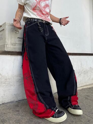 DFGIGT Men's Baggy Wide Leg Jeans Black Red Color Block Dragon Print Distressed Baggy Y2K Casual Vintage Trousers in Saudi Arabia