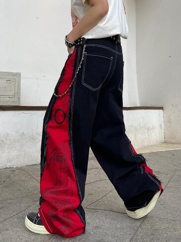 DFGIGT Men's Baggy Wide Leg Jeans Black Red Color Block Dragon Print Distressed Baggy Y2K Casual Vintage Trousers in Saudi Arabia