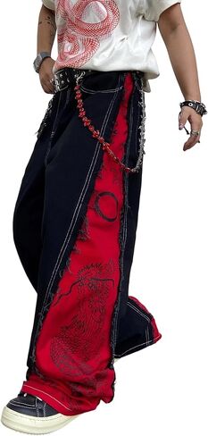 DFGIGT Men's Baggy Wide Leg Jeans Black Red Color Block Dragon Print Distressed Baggy Y2K Casual Vintage Trousers in Saudi Arabia