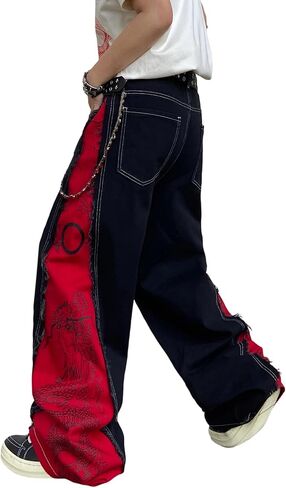 DFGIGT Men's Baggy Wide Leg Jeans Black Red Color Block Dragon Print Distressed Baggy Y2K Casual Vintage Trousers in Saudi Arabia