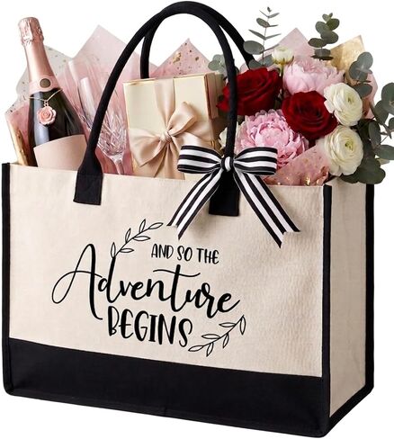 Wedding Gift Canvas Tote Bride Bag,Bridal Shower Gifts for Engagement Wedding Graduation Retirement Gift Beach Bag And So The Adventure Begins Large Tote Bag in Kuwait