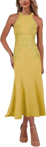 Tea Length Halter Mother of The Bride Dresses for Women Lace Mermaid Wedding Guest Dress Satin Appliques Formal Gown in Saudi Arabia