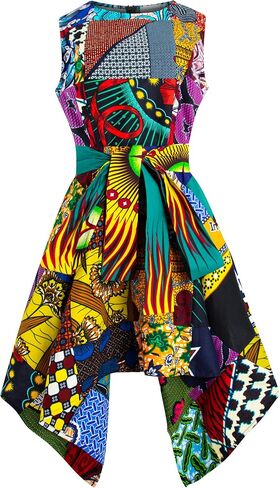 SHENBOLEN Women African Print Dress Ankara Wax Cloth Belt Wedding Dresses in Kuwait