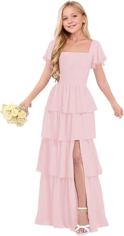 Tiered Chiffon Junior Bridesmaid Dresses Flower Girl Dresses for Wedding Ruffles Pageant Formal Gown for Girls in Saudi Arabia