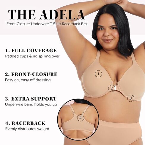 LEADING LADY, Adela Racerback, Front-Closure Underwire T-Shirt Bra, Lightly Padded Cups, Adjustable Straps, 36A-48DDD in Kuwait