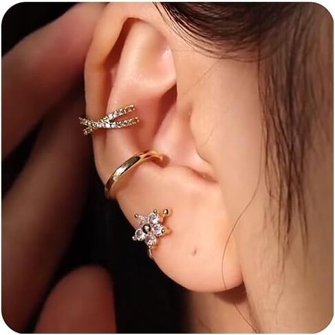 Zolure 3Pcs Ear Cuffs for Women Non Piercing Gold Flower Cuffs Earrings with Cubic Zirconia - Dainty Cartilage Earring Jewelry in Saudi Arabia