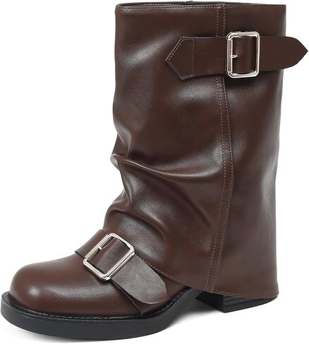 AMINUGAL Fold Over Mid Calf Boots for Women Festival Trendy Y2K Round Toe Slouchy Boots Buckle Moto Biker Short Boots Platform Chunky Block Heel Shark Ankle Boots Vintage Casual Club in Saudi Arabia