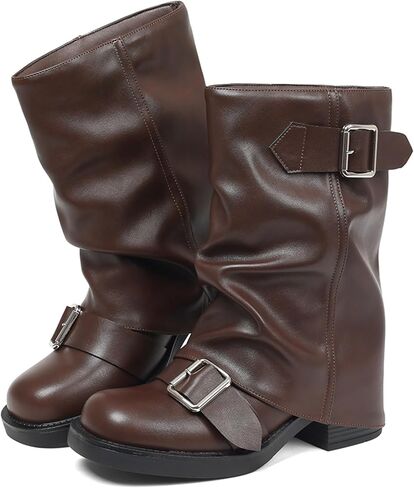 AMINUGAL Fold Over Mid Calf Boots for Women Festival Trendy Y2K Round Toe Slouchy Boots Buckle Moto Biker Short Boots Platform Chunky Block Heel Shark Ankle Boots Vintage Casual Club in Saudi Arabia
