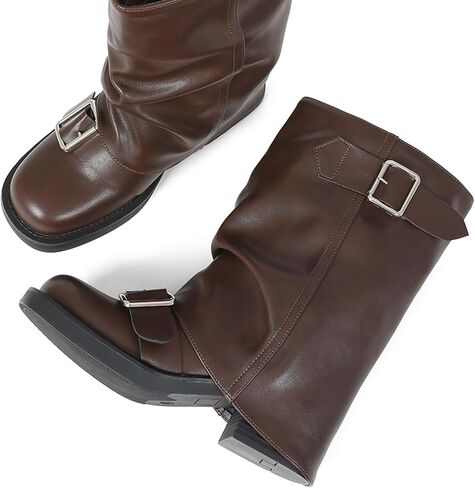 AMINUGAL Fold Over Mid Calf Boots for Women Festival Trendy Y2K Round Toe Slouchy Boots Buckle Moto Biker Short Boots Platform Chunky Block Heel Shark Ankle Boots Vintage Casual Club in Saudi Arabia