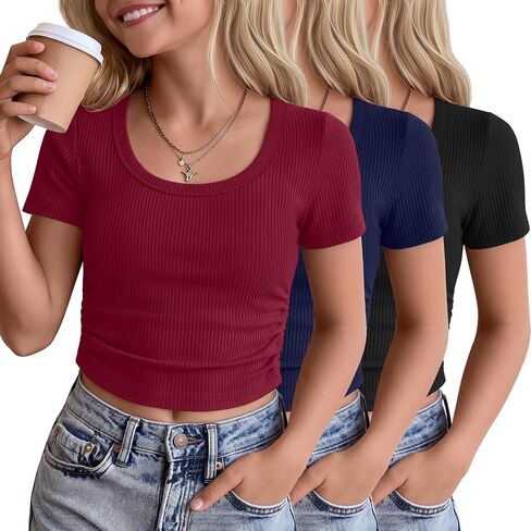 3 Pack Girls' Crop Tops 5-16 Years Tween Short Sleeve T Shirts Teen Ribbed Slim Crew Neck Tees Ruched Summer Clothes in Kuwait