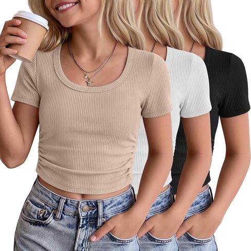 3 Pack Girls' Crop Tops 5-16 Years Tween Short Sleeve T Shirts Teen Ribbed Slim Crew Neck Tees Ruched Summer Clothes in Saudi Arabia