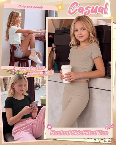 3 Pack Girls' Crop Tops 5-16 Years Tween Short Sleeve T Shirts Teen Ribbed Slim Crew Neck Tees Ruched Summer Clothes in Saudi Arabia