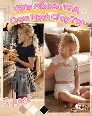 3 Pack Girls' Crop Tops 5-16 Years Tween Short Sleeve T Shirts Teen Ribbed Slim Crew Neck Tees Ruched Summer Clothes in Saudi Arabia
