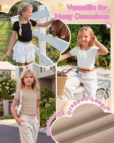 3 Pack Girls' Crop Tops 5-16 Years Tween Short Sleeve T Shirts Teen Ribbed Slim Crew Neck Tees Ruched Summer Clothes in Saudi Arabia