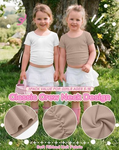 3 Pack Girls' Crop Tops 5-16 Years Tween Short Sleeve T Shirts Teen Ribbed Slim Crew Neck Tees Ruched Summer Clothes in Saudi Arabia
