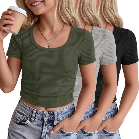 3 Pack Girls' Crop Tops 5-16 Years Tween Short Sleeve T Shirts Teen Ribbed Slim Crew Neck Tees Ruched Summer Clothes in Saudi Arabia