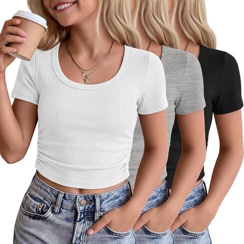 3 Pack Girls' Crop Tops 5-16 Years Tween Short Sleeve T Shirts Teen Ribbed Slim Crew Neck Tees Ruched Summer Clothes in Saudi Arabia