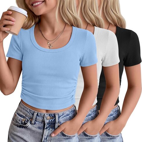 3 Pack Girls' Crop Tops 5-16 Years Tween Short Sleeve T Shirts Teen Ribbed Slim Crew Neck Tees Ruched Summer Clothes in Saudi Arabia