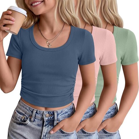 3 Pack Girls' Crop Tops 5-16 Years Tween Short Sleeve T Shirts Teen Ribbed Slim Crew Neck Tees Ruched Summer Clothes in Saudi Arabia