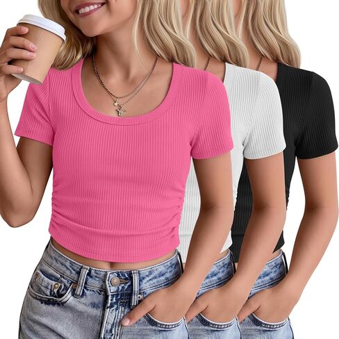 3 Pack Girls' Crop Tops 5-16 Years Tween Short Sleeve T Shirts Teen Ribbed Slim Crew Neck Tees Ruched Summer Clothes in Saudi Arabia