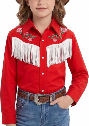 Spring&Gege Girls Western Shirt Cowgirl Fringe Floral Embroidered Pearl Snap Button Down Long Sleeve Blouse Tops in Kuwait