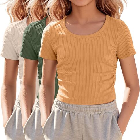 3 Pack Girls' Crop Tops 5-16 Years Tween Short Sleeve T Shirts Teen Ribbed Slim Crew Neck Tees Ruched Summer Clothes in Saudi Arabia