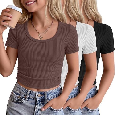 3 Pack Girls' Crop Tops 5-16 Years Tween Short Sleeve T Shirts Teen Ribbed Slim Crew Neck Tees Ruched Summer Clothes in Saudi Arabia