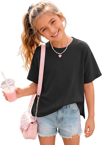 Girls Oversized T Shirts Short Sleeve Waffle Crew Neck Summer Casual Side Slit Tops Basic Tees Tween Kids 5-14Y in Kuwait