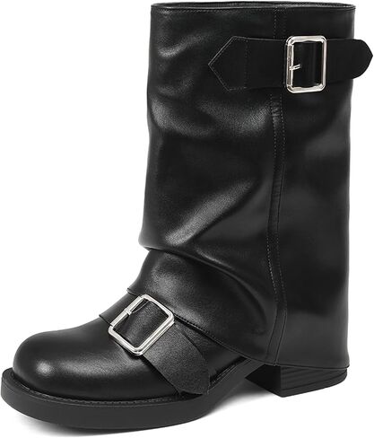 AMINUGAL Fold Over Mid Calf Boots for Women Festival Trendy Y2K Round Toe Slouchy Boots Buckle Moto Biker Short Boots Platform Chunky Block Heel Shark Ankle Boots Vintage Casual Club in Saudi Arabia