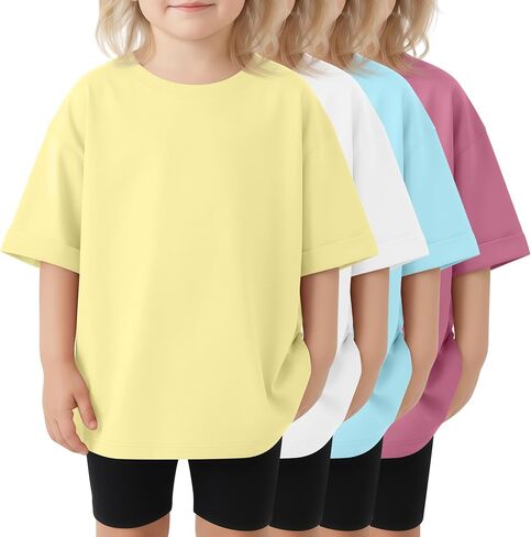 4 Pack Oversized Toddler Girl Shirts Kids Short Roll Sleeve Tshirts Toddler Crew Neck Summer Casual Girl Clothes in Kuwait