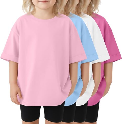4 Pack Oversized Toddler Girl Shirts Kids Short Roll Sleeve Tshirts Toddler Crew Neck Summer Casual Girl Clothes in Kuwait