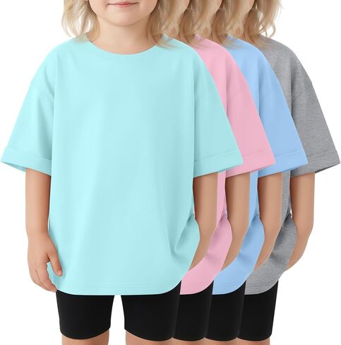 4 Pack Oversized Toddler Girl Shirts Kids Short Roll Sleeve Tshirts Toddler Crew Neck Summer Casual Girl Clothes in Kuwait