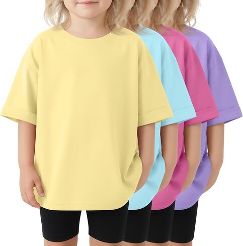 4 Pack Oversized Toddler Girl Shirts Kids Short Roll Sleeve Tshirts Toddler Crew Neck Summer Casual Girl Clothes in Kuwait