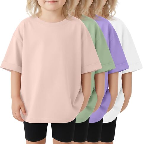 4 Pack Oversized Toddler Girl Shirts Kids Short Roll Sleeve Tshirts Toddler Crew Neck Summer Casual Girl Clothes in Kuwait
