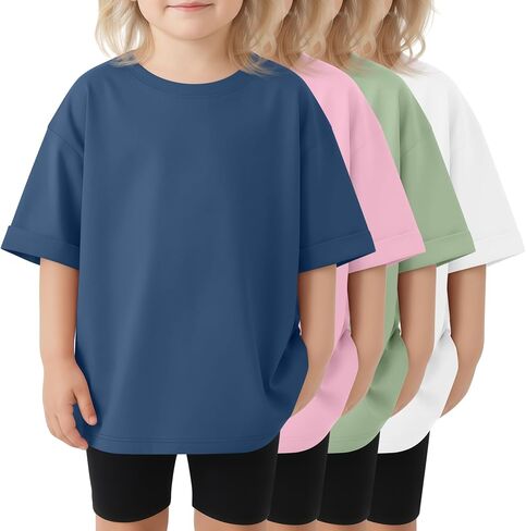 4 Pack Oversized Toddler Girl Shirts Kids Short Roll Sleeve Tshirts Toddler Crew Neck Summer Casual Girl Clothes in Kuwait