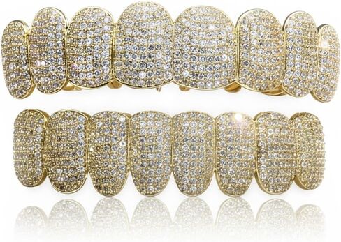 Hip Hop Gold/Silver Teeth Grills for Your Teeth, 18K Gold/Silver Plated Brass Grillz for Men Women, Iced Out Zirconia Diamond Gold/Silver Grillz for Teeth, Adult Party Bling Tooth Grill Set with Case & Gel in Kuwait