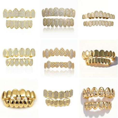 Hip Hop Gold/Silver Teeth Grills for Your Teeth, 18K Gold/Silver Plated Brass Grillz for Men Women, Iced Out Zirconia Diamond Gold/Silver Grillz for Teeth, Adult Party Bling Tooth Grill Set with Case & Gel in Kuwait