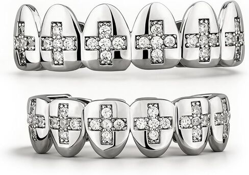 Hip Hop Gold/Silver Teeth Grills for Your Teeth, 18K Gold/Silver Plated Brass Grillz for Men Women, Iced Out Zirconia Diamond Gold/Silver Grillz for Teeth, Adult Party Bling Tooth Grill Set with Case & Gel in Kuwait