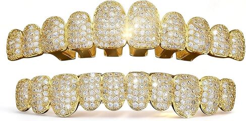 Hip Hop Gold/Silver Teeth Grills for Your Teeth, 18K Gold/Silver Plated Brass Grillz for Men Women, Iced Out Zirconia Diamond Gold/Silver Grillz for Teeth, Adult Party Bling Tooth Grill Set with Case & Gel in Kuwait