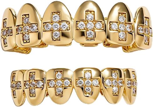 Hip Hop Gold/Silver Teeth Grills for Your Teeth, 18K Gold/Silver Plated Brass Grillz for Men Women, Iced Out Zirconia Diamond Gold/Silver Grillz for Teeth, Adult Party Bling Tooth Grill Set with Case & Gel in Kuwait