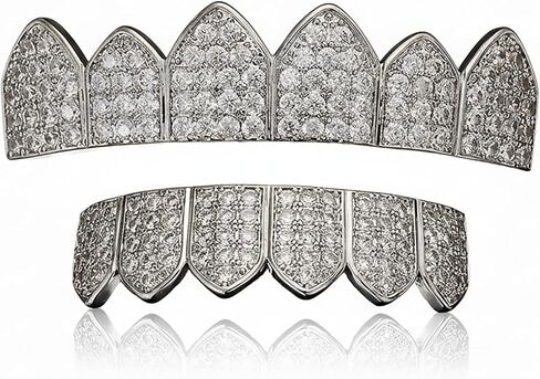 Hip Hop Gold/Silver Teeth Grills for Your Teeth, 18K Gold/Silver Plated Brass Grillz for Men Women, Iced Out Zirconia Diamond Gold/Silver Grillz for Teeth, Adult Party Bling Tooth Grill Set with Case & Gel in Kuwait